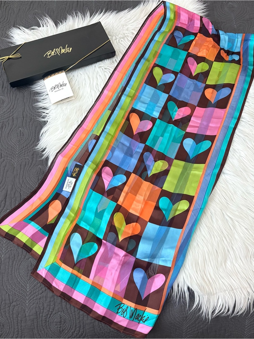 Vintage Bob Mackie Wearable Art Colorful Heart Sheer & Opaque Oblong Silk Scarf